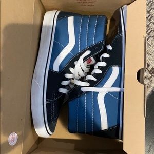 Black and blue premium leather high top vans